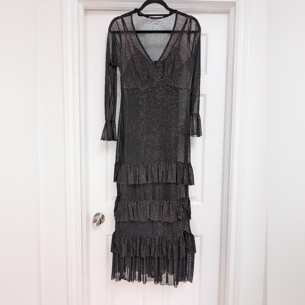 Never Fully Dressed Gold and Black Bell Sleeve Tiered Gown